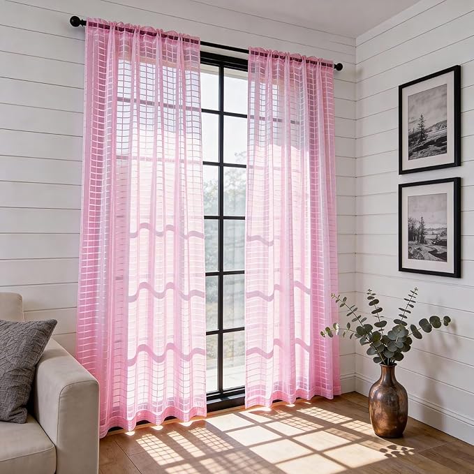 SpaceDresser Check Sheer Curtains 45 Inches 2 Panels Set, Rod Pocket Plaid - Image 4
