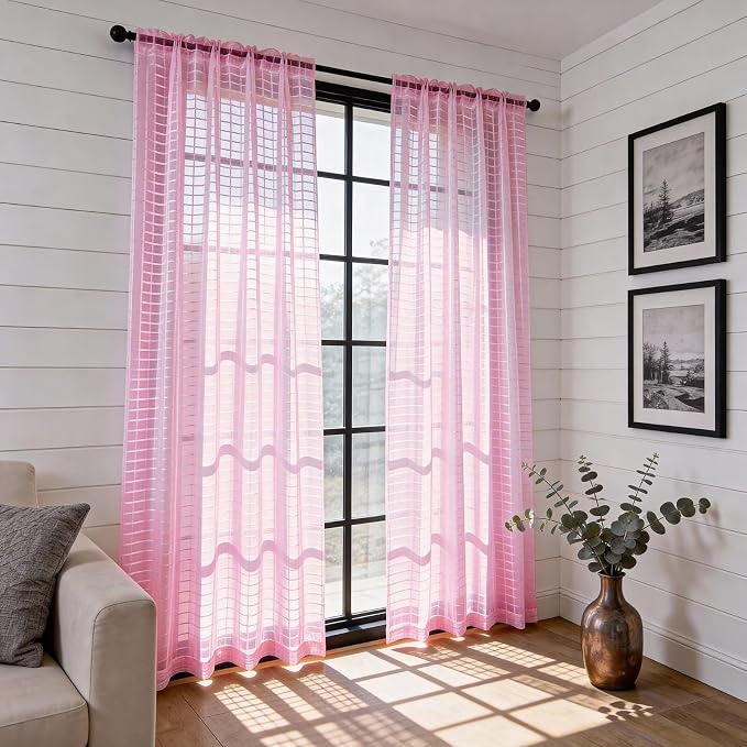 SpaceDresser Check Sheer Curtains 63 Inches 2 Panels Set, Rod Pocket Plaid - Image 4