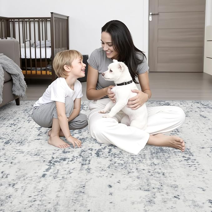 10x12 Area Rug Living Room: Modern Washable Soft Carpet Blue Grey | - Image 9