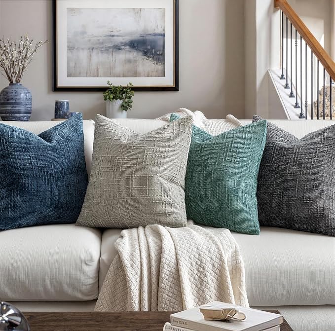 MIULEE Chenille Textured Throw Pillow Covers Blue Ashes 18x18 Set of 2 | Slubby - Image 5
