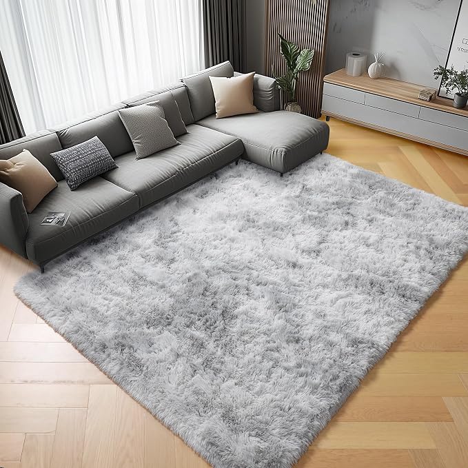 ONASAR Area Rugs 9x12 Living Room, Tie-Dyed Light Grey Large Fluffy Bedroom Rug - Image 4