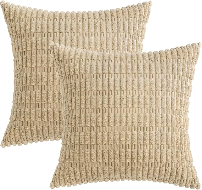 MIULEE Corduroy Decorative Throw Pillow Covers 16x16 Tan Pack of 2 | Soft - Image 6
