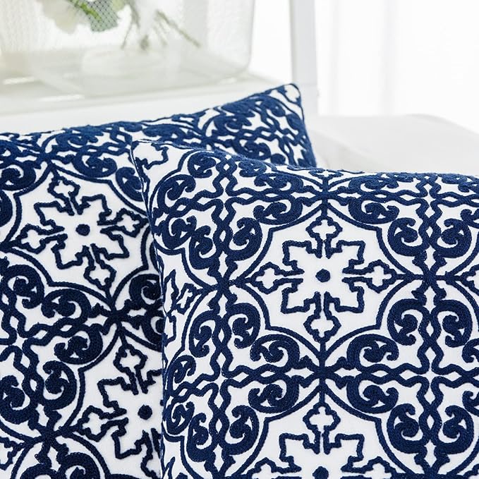 HWY 50 Navy Blue Decorative Throw Pillow Covers 18x18 Inch, Pack of 2 Embroidered Cotton Farmhouse Cushion Cover Pillow Case for Sofa Couch Living Room Bed Bedroon, Modern Pattern