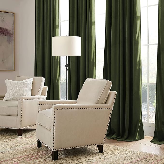 RYB HOME Green Velvet Curtains 96 inch, Solid Room Darkening Window Curtains - Image 5