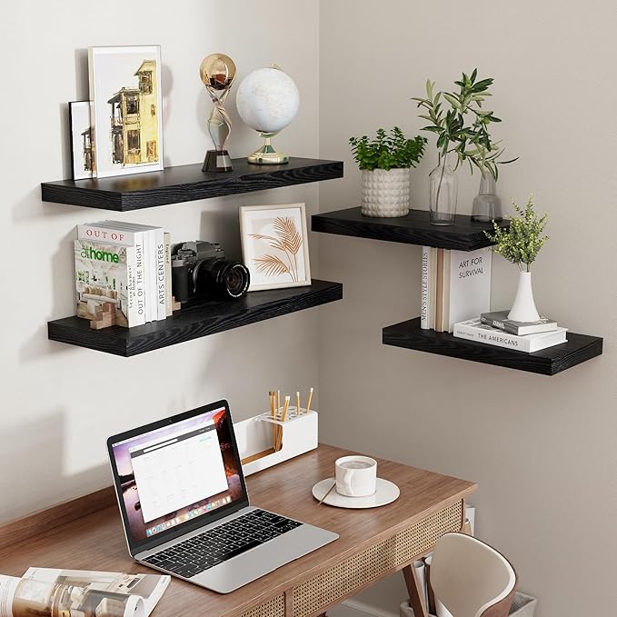 Fun Memories Black Floating Shelves 32 Inch Long, 9 Inch Deep Floating Bookshelf Wall Mounted, Farmhouse Wood Shelves White for Bathroom, Living Room, Bedroom, Home Decor Deep Shelf for Wall Set of 2