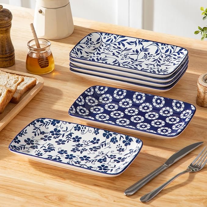 vancasso Selene 9.5 Inch Rectangular Dinner Plates Set of 6, Ceramic Salad Plates for Dessert, Appetizer, Porcelain Serving Platters for Entertaining, Microwave & Oven Safe, Vintage Blue & White Color