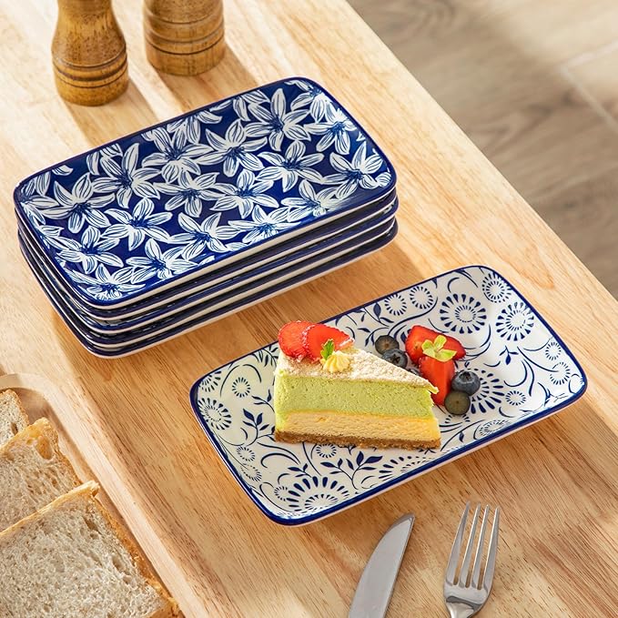 vancasso Selene 8.5 Inch Rectangular Salad Plates Set of 6, Ceramic Salad Plates for Sushi, Dessert, Appetizer, Porcelain Platters for Kitchen Decor, Microwave & Oven Safe, Vintage Blue & White Color