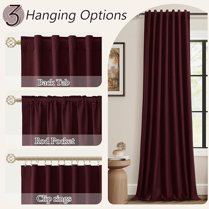Burgundy 100% Blackout Linen Curtains 84 Inch Length 2 Panels Set - Image 6