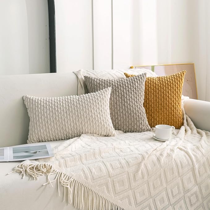 Set of 4 Yellow Olive Aqua Decorative Throw Pillow Covers 18x18 Inch Corduroy - Image 3