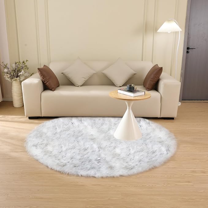 ORINOVA White and Grey Round Rugs 6ft Circle Furry Rug - Image 7