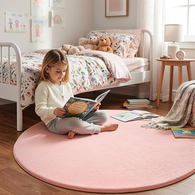 Amearea Pink Round Area Rugs 5ft Washable Circle Rugs - Image 2