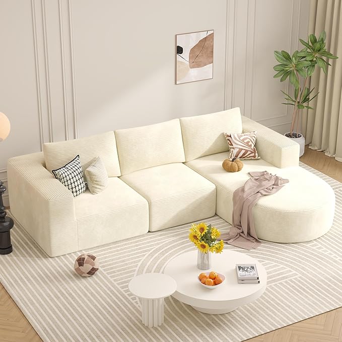 Modular Sectional Sofa with L-Shape Chaise,Cloud Sectional Modern Sleeper Couch with Deep Seat,Sponge Compression Sofas No Assembly Required(Beige-Corduroy Fabric) 1PCS