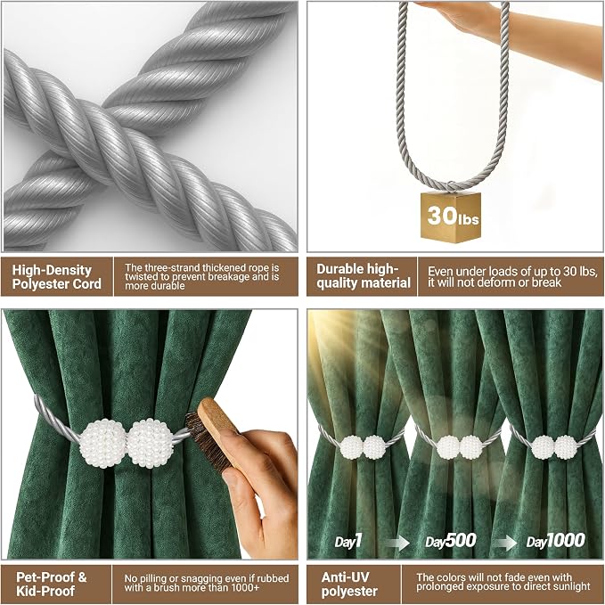 Hion Magnetic Curtain Tiebacks Grey 2pcs, Curtain Tiebacks Buckles Holdbacks - Image 4