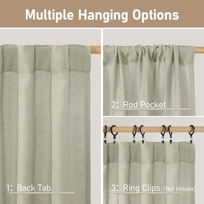 Sage Grey Linen Boho Semi Sheer Curtains 80 inch Length 2 Panels | Light - Image 3
