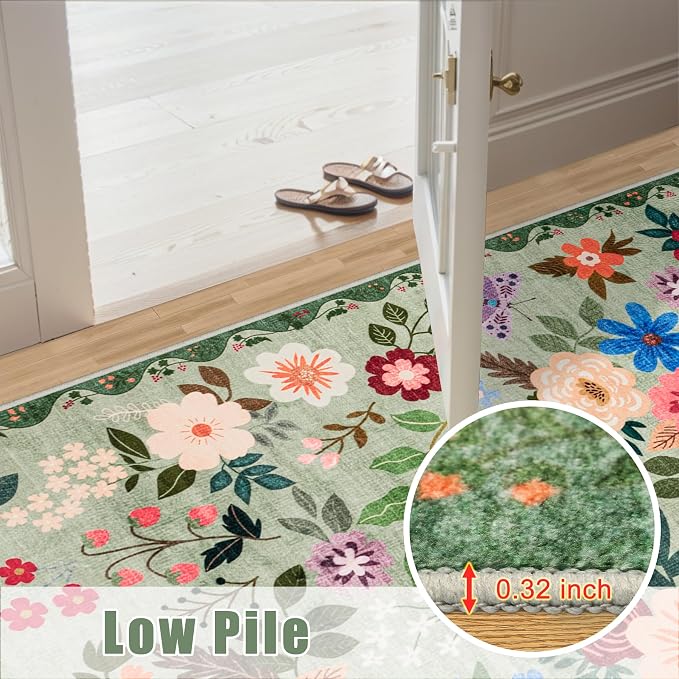 PLHXFR Area Rug 9x12 Living Room: Floral Washable Boho Soft Carpet Green | - Image 8