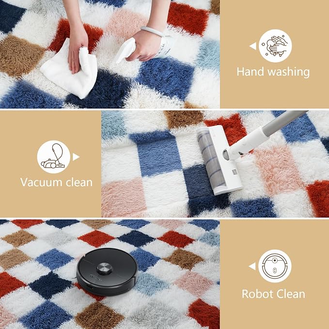 Shag Area Rug for Bedroom Living Room, 4x6 Fluffy Soft Colorful Checkered Rug - Image 7