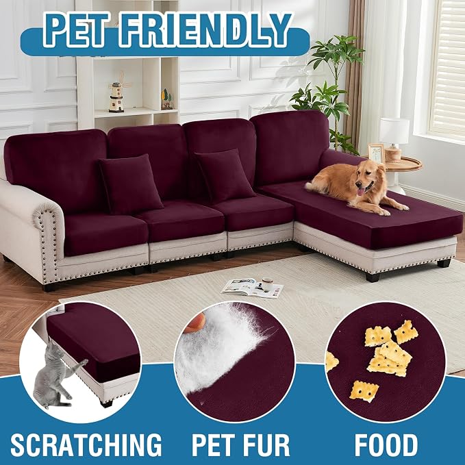 Couch Cover 4-Piece Elastic Velvet Couch Cushion Covers & Chaise Slipcovers - Image 4