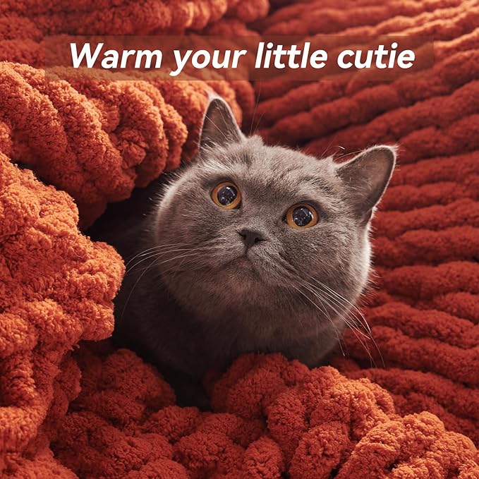 Chunky Knit Throw Blanket, 40''*50'' Fall Throw Blanket Knitted Chenille Yarn for Bed Couch, Handmade Orange Crochet Big Thick Blanket, Machine Washable Cute Comfy Blankets for Home Decor