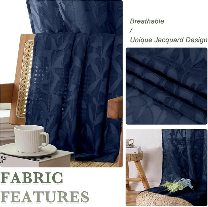 Lecloud Leia Navy Blue Sheer Curtains 96 Inches Long 2 Panels, Airy Leaf - Image 8