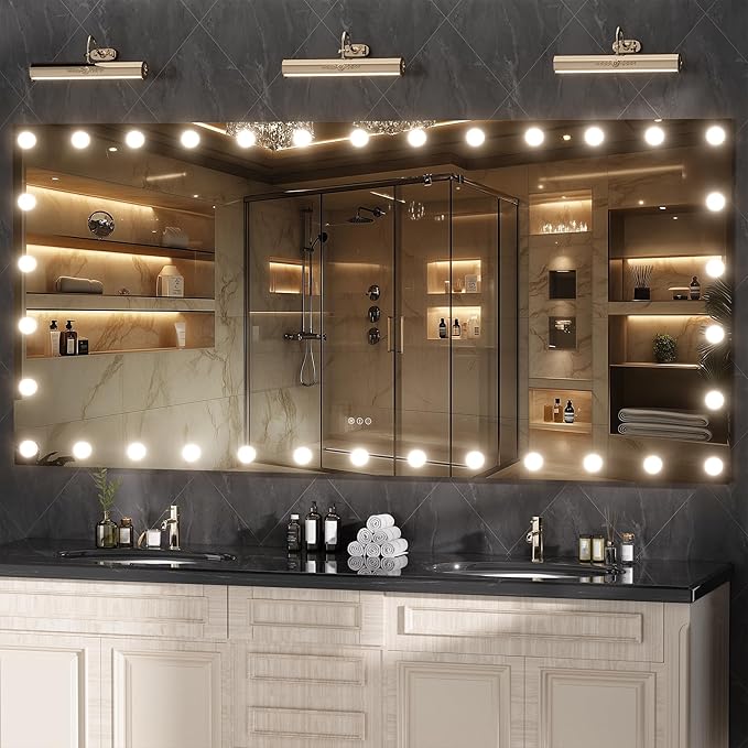 Hasipu LED Bathroom Mirror with Lights, 84" x 40" Hollywood Wall-Mounted Bathroom Mirror with 34 Dimmable Bulbs, 3 Colors Modes, Touch Control, Anti-Fog, Memory Function, Shatter-Proof, ETL Listed