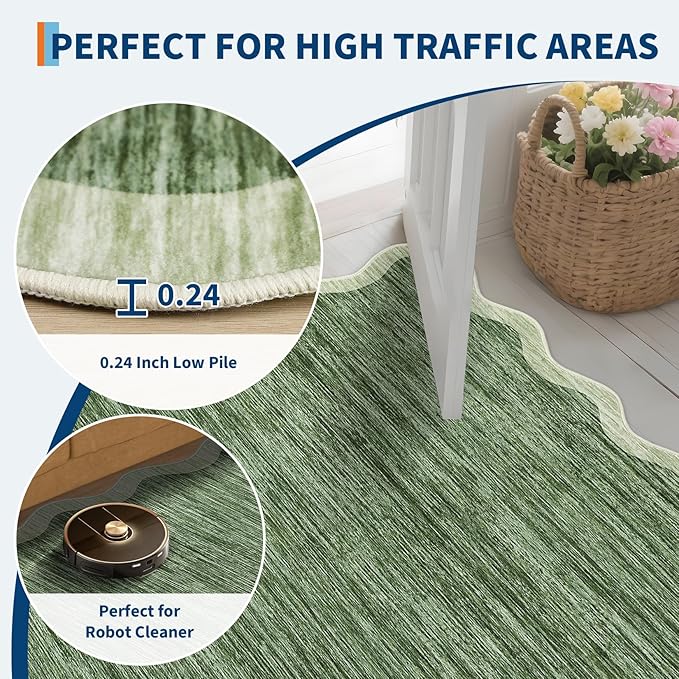 GarveeHome Scalloped Washable Runner Rug 2x6 Runner Abstract Modern Green | - Image 6