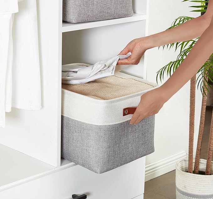 DECOMOMO Storage Bins Fabric Storage Baskets for Shelves, Linen Closet Organization Toys Nursery (Grey and White, Large - 3 Pack)