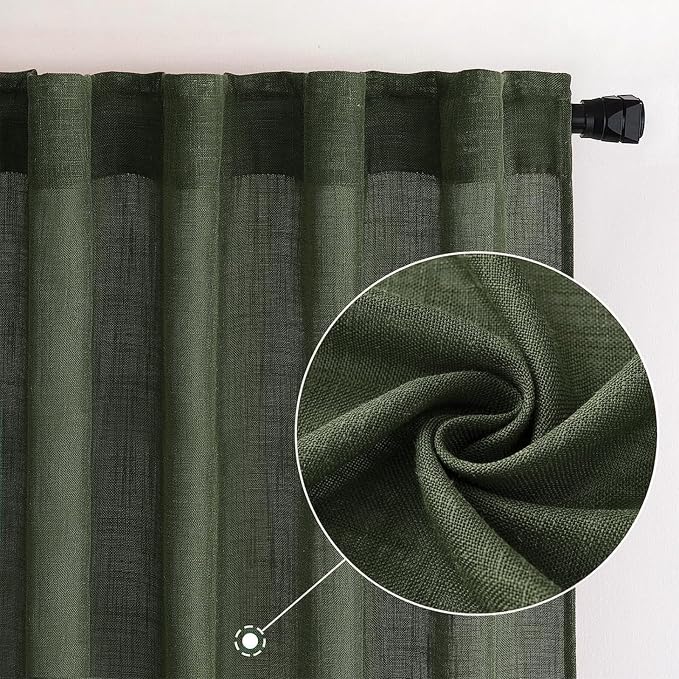 MIULEE Olive Green Linen Curtains 100 Inch Length 2 Panels - Image 2