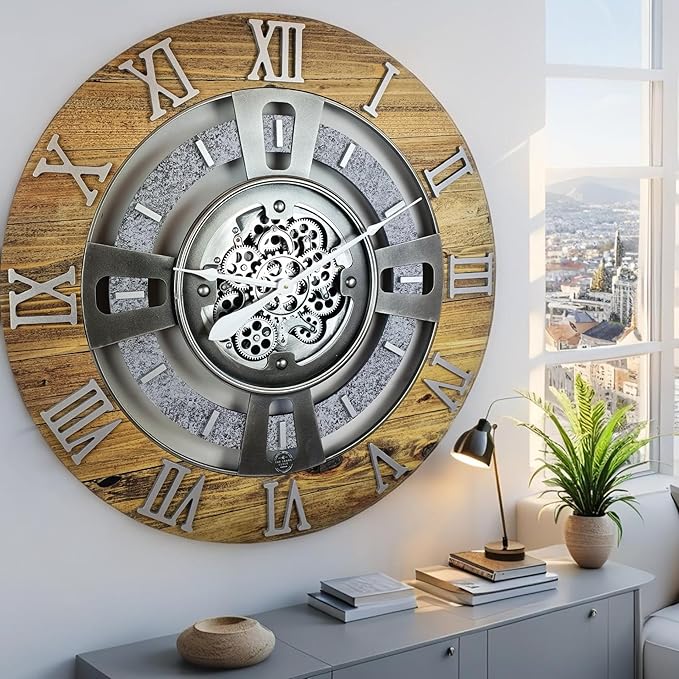 The Gears Clock Real Moving Gear Wall Clock England Line (Wood & Stone, 36 inches (90 cm))
