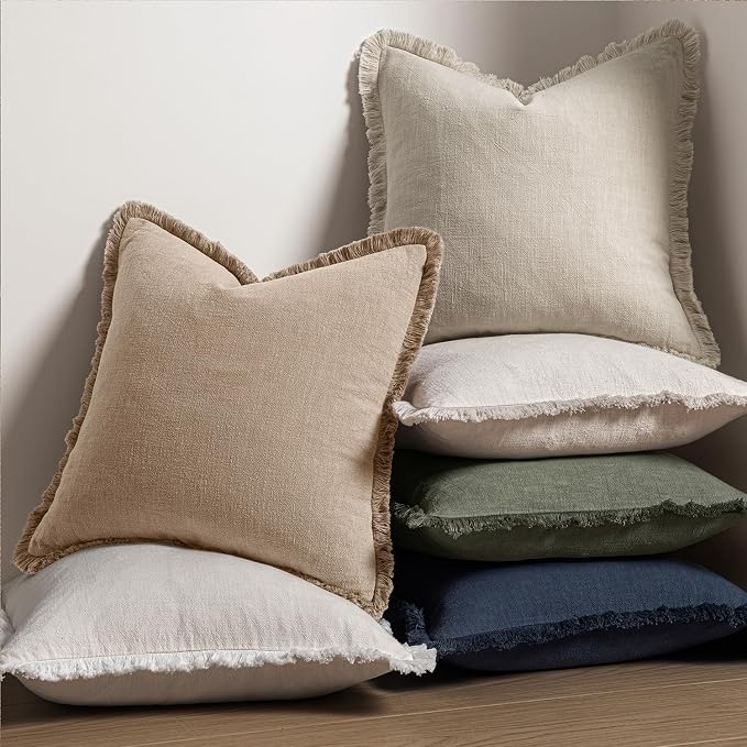 MIULEE Boho Linen Fringe Decorative Euro Throw Pillow Covers Camel 26x26 | Set - Image 5