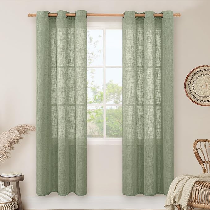 LAMIT Linen Curtians for Living Room 80 Inch Length, Bronze Grommet Light Filtering Semi Sheer Neutral Lightweight Rustic Farmhouse Boho Drapes for Bedroom, 2 Panels, Sage Green, 34 x 80 Inch