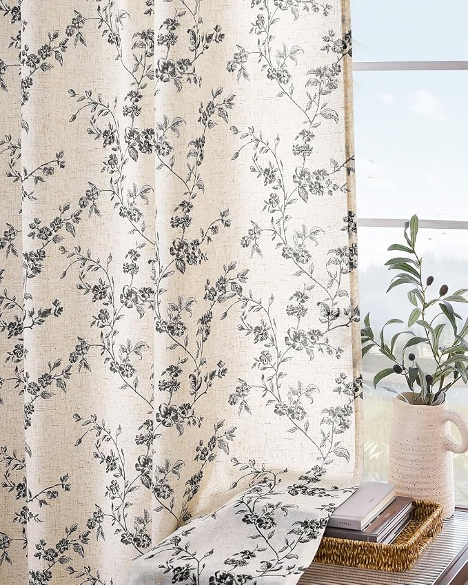 Lazzzy Farmhouse Linen Curtains Black Floral Curtains 90 Inch Length Back Tab - Image 9