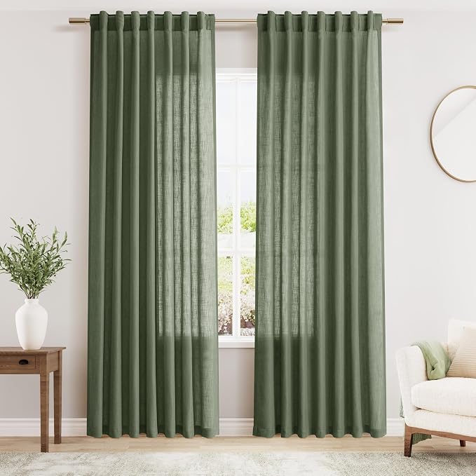 Nanspring Olive Green Linen Blend Semi Sheer Light Filtering Curtains 86 Inches by Nanspring