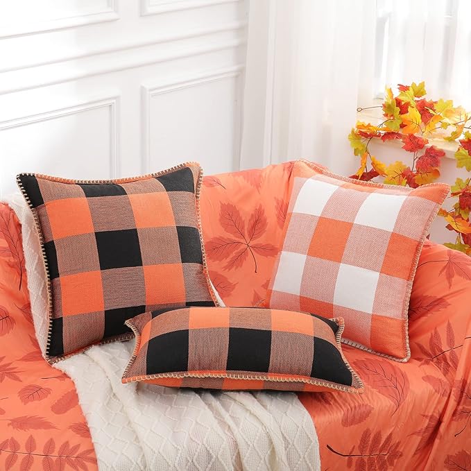 decorUhome Fall Orange and Black Decorative Throw Pillow Covers 16x16 Set of 2, Buffalo Plaid Check Farmhouse Cushion Covers with Stitched Edge for Autumn Harvest Couch Sofa Bed Home Decor