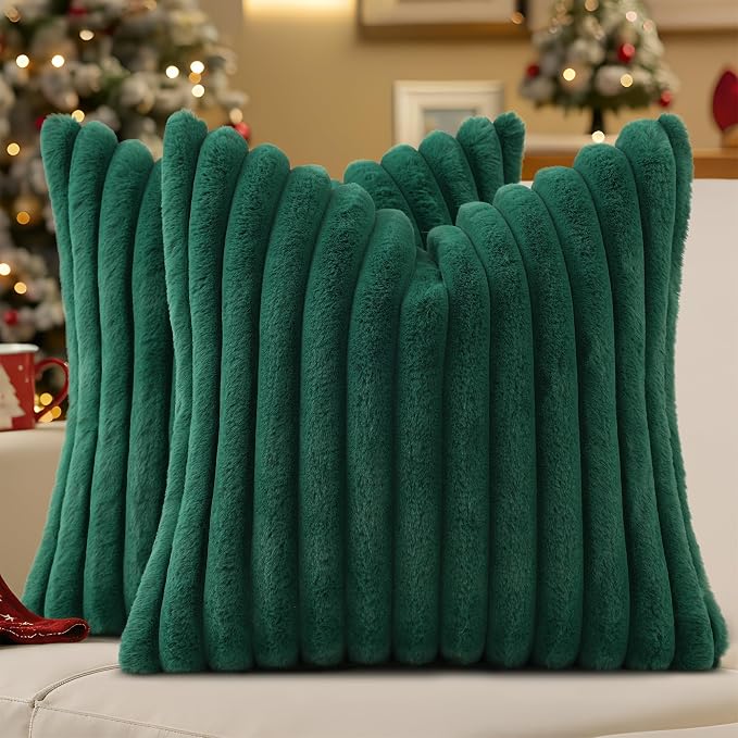 decorUhome Fall Faux Fur Throw Pillow Covers 16x16 Set of 2 Christmas Green | by decorUhome