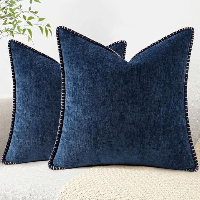 decorUhome Chenille Soft Throw Pillow Covers 24x24 Set of 2, Farmhouse Velvet Neutral Decorative Euro Pillow Covers with Stitched Edge for Couch Sofa Bed Home Decor, Poseidon