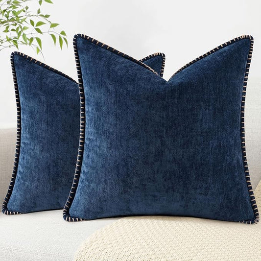 decorUhome Chenille Soft Throw Pillow Covers 26x26 Set of 2, Farmhouse Velvet Neutral Decorative Euro Pillow Covers with Stitched Edge for Couch Sofa Bed Home Decor, Poseidon