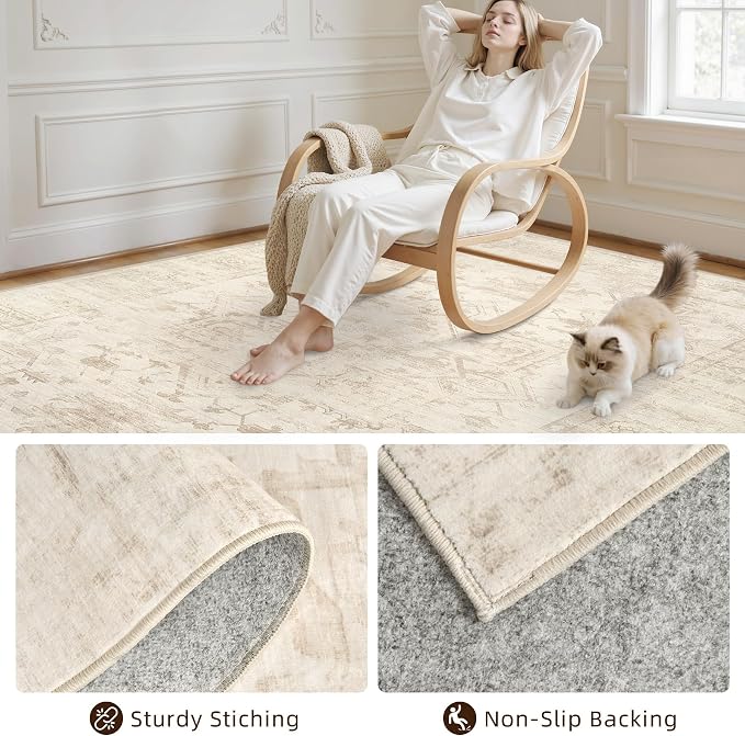3x5 Area Rugs Living Room: Bedroom Washable Carpet Beige/Brown | Large Vintage - Image 4