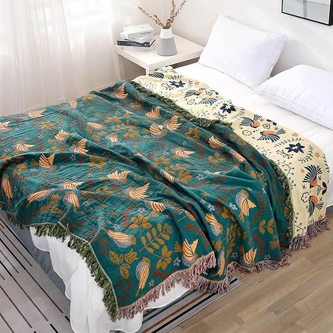 Boho Throw Blanket for Bed Couch 100% Cotton Woven Bed Throws for All Season Lightweight and Soft Cozy Farmhouse Reversible Muslin Decorative Blanket for Travel Picnic, Teal/Cream, 91''x98''