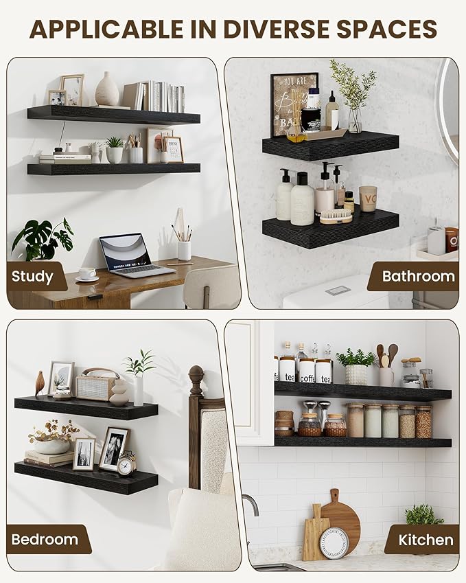 Marsmiles 36" Floating Shelves for Wall, Wooden Shelves with Invisible Brackets Set of 2, Rustic Farmhouse Wall Mounted Shelf for Kitchen Bathroom Living Room Study, Black