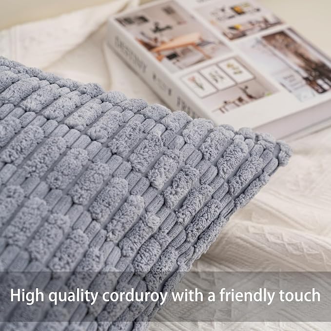 Pack of 2 Corduroy Decorative Throw Pillow Covers 20x20 Inch, Light Grey | Fall - Image 3