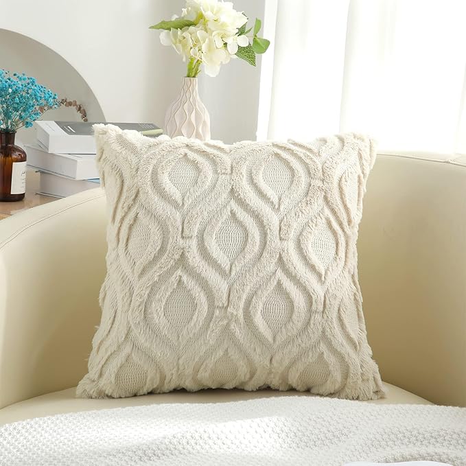 decorUhome Spring Decorative Throw Pillow Covers 20x20, Soft Plush Faux Wool Couch Pillow Covers for Home, Set of 2, Beige