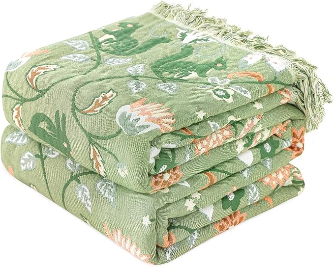 MSGKV Cotton Bed Blanket for Couch and Sofa Blankets for Living Room Bedroom Reversable Florals and Animals Throw 80"x90" Breathable Cozy Boho Blankets