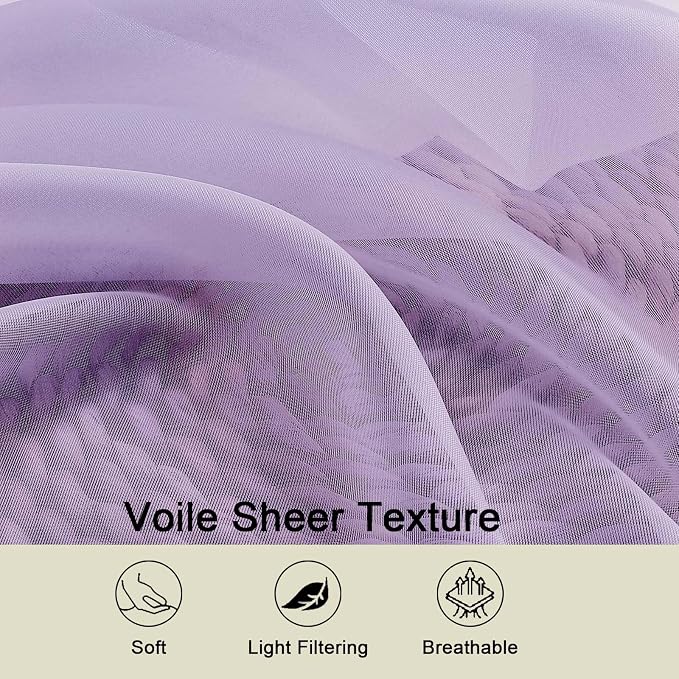 Sheer Lavender Curtains for Bedroom Living Room 90 Inches Long 2 Panels Set - Image 3