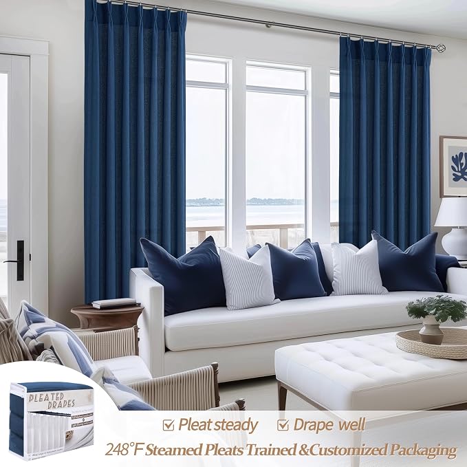 Pinch Pleated Denim Blue Curtains 102 Inches Long - Image 5