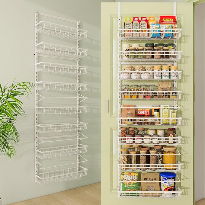 Over The Door Pantry Organizer, Wall Mount Spice Rack, Pantry Hanging Storage and Organization, 8 Adjustable Baskets Heavy-Duty Metal for Home & Kitchen, Back of Door Seasoning Rack - White