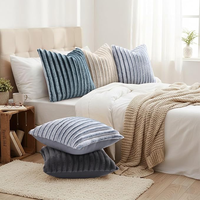 decorUhome Fall Faux Fur Throw Pillow Covers 24x24 Set of 2 Blue Grey | - Image 6