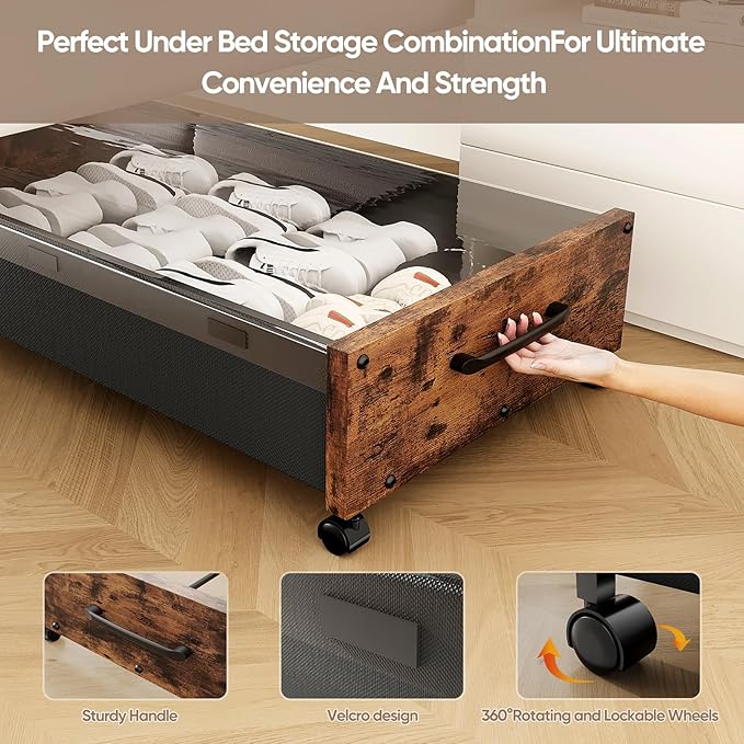 Wooden Under Bed Storage with Wheels, Rolling Under the Bed Storage Bins with Removable Lid, Metal Under Bed Drawers for Clothes and Shoes in Bedroom or Living Room(Black Wood-2pack)