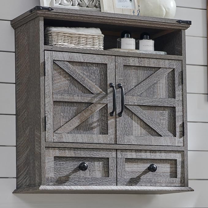 Bathroom Wall Cabinet, Farmhouse Medicine Cabinet, 24" Wide Cabinet with Drawer, Adjustable Shelf, Double Barn Doors, Storage Cabinet for Bathroom, Kitchen, Living Room, Grey Wash