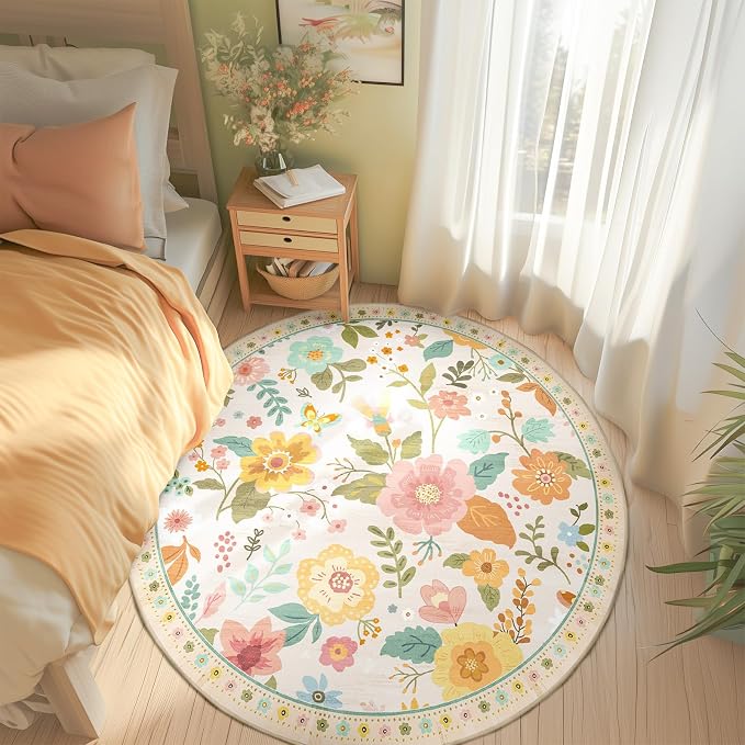 RELEANY Floral Washable Round 4ft Area Rug Beige/White/Orange | Flower Carpet - Image 2