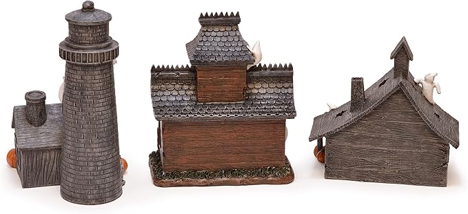 Mark Feldstein & Associates Spooky Halloween Color Changing Pre-Lit LED Haunted House Village Set, 8 Inch, Set of 3